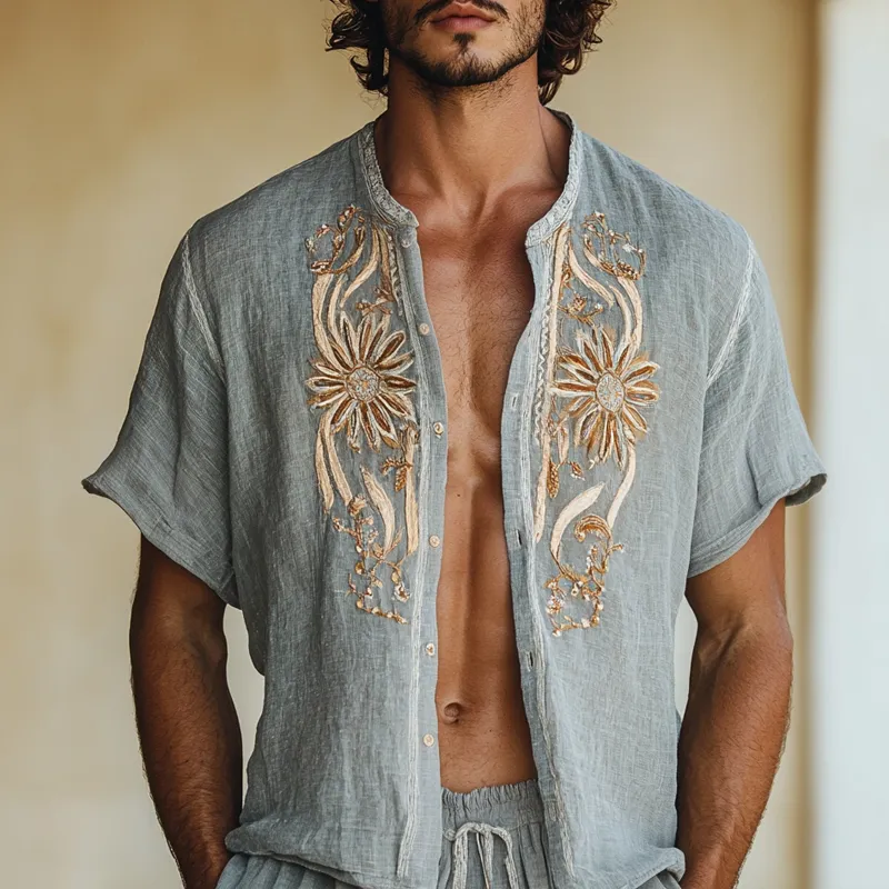 Men's Embroidered Round Neck Short Sleeve Casual Shirt MTA1813D9Z sold by Manly product image thumbnail 2