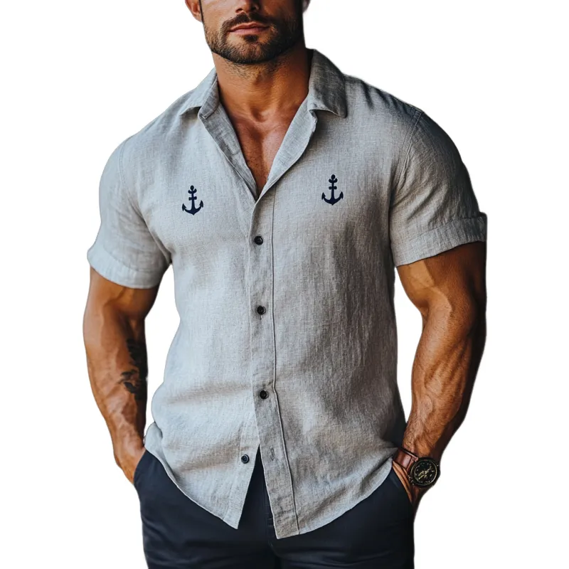 Men's Casual Anchor Embroidery Linen Lapel Slim Fit Short Sleeve Shirt MTA1868D6M made by Manly