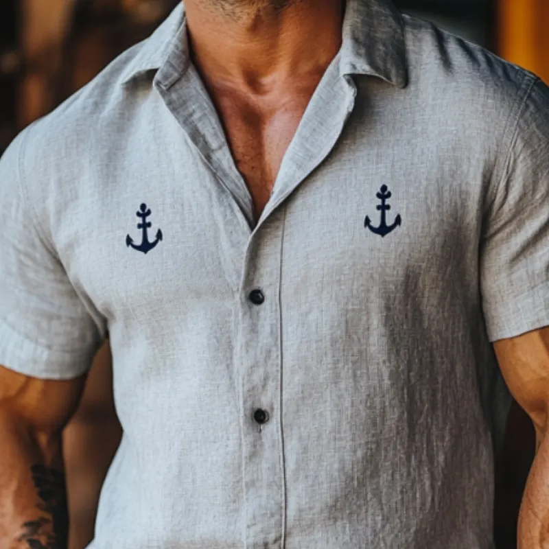 Men's Casual Anchor Embroidery Linen Lapel Slim Fit Short Sleeve Shirt MTA1868D6M sold by Manly product image thumbnail 3