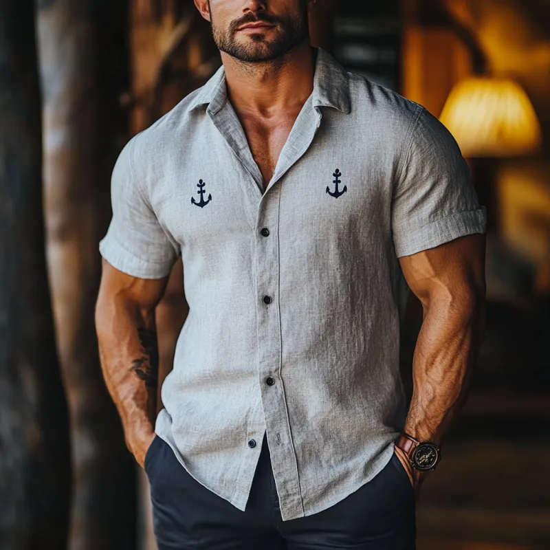 Men's Casual Anchor Embroidery Linen Lapel Slim Fit Short Sleeve Shirt MTA1868D6M sold by Manly product image thumbnail 2