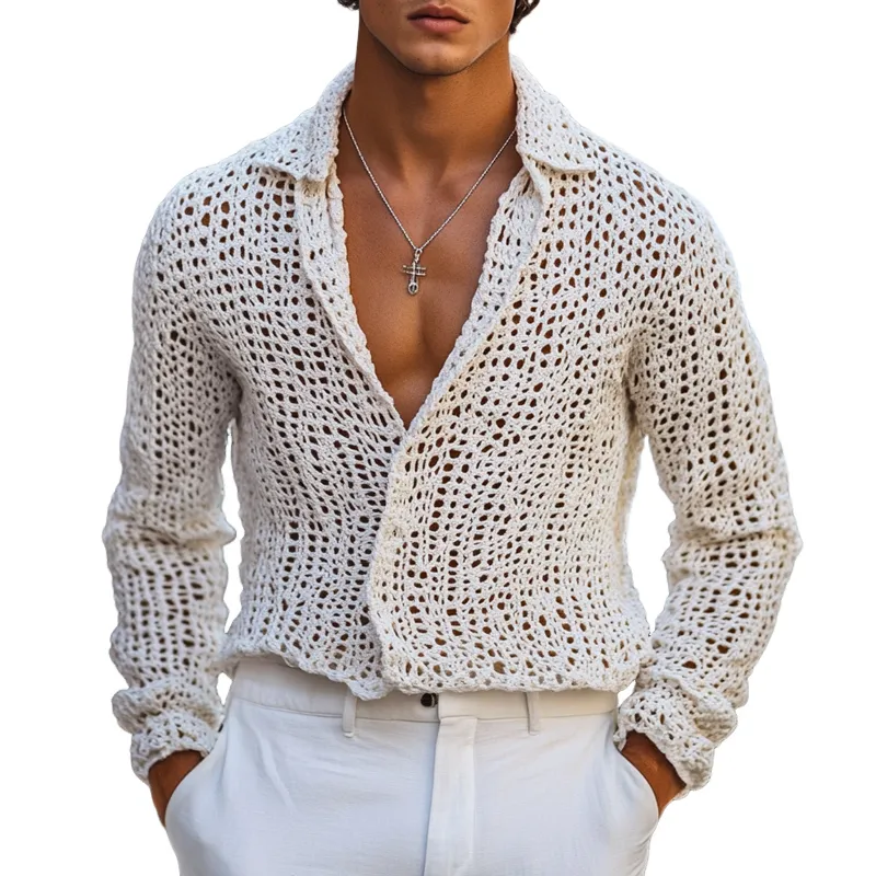 Men's Solid Color Knit Lapel Long Sleeve Casual Shirt MTA1767D8Z sold by Manly