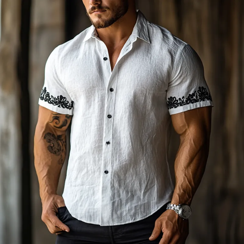 Men's Casual Floral Embroidered Linen Lapel Slim Fit Short Sleeve Shirt MTA1865D8M sold by Manly product image thumbnail 2