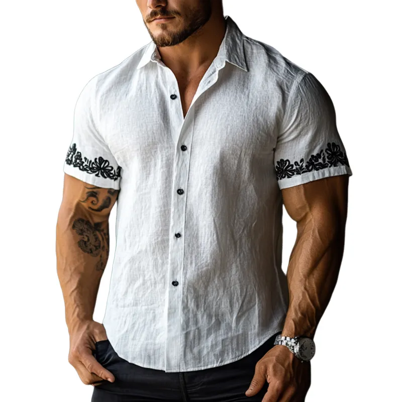 Men's Casual Floral Embroidered Linen Lapel Slim Fit Short Sleeve Shirt MTA1865D8M sold by Manly