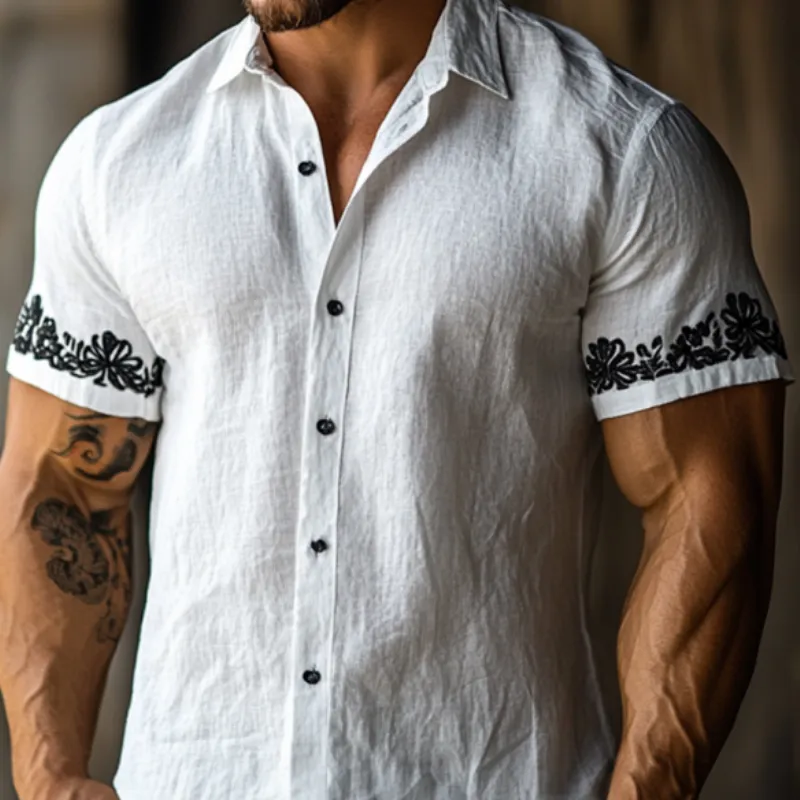 Men's Casual Floral Embroidered Linen Lapel Slim Fit Short Sleeve Shirt MTA1865D8M sold by Manly product image thumbnail 3