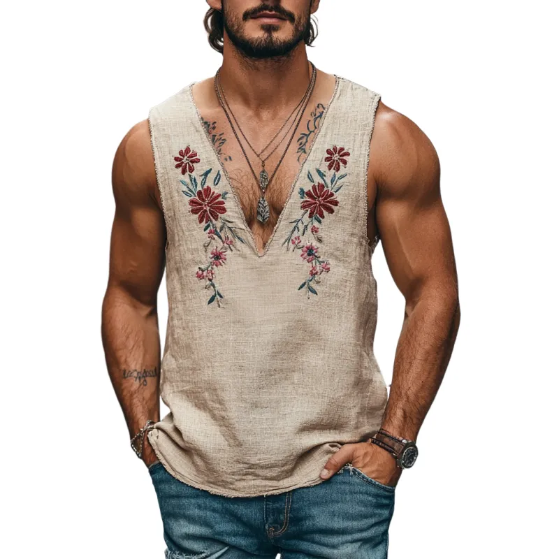 Men's Casual Linen V-Neck Floral Embroidered Raw Edge Loose Tank Top MTA2138C0M sold by Manly