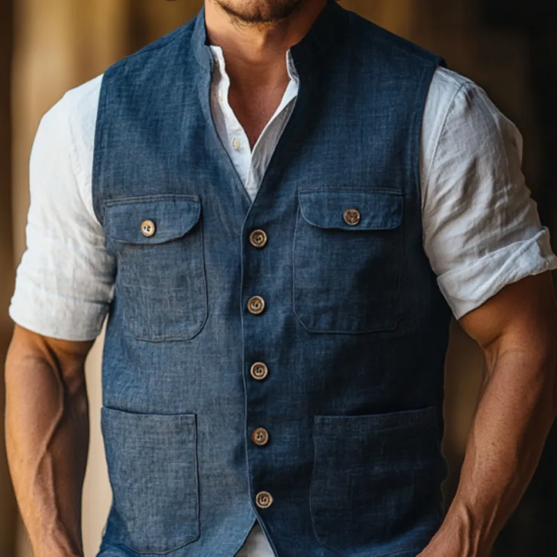 Men's Casual Linen Stand Collar Single-Breasted Multi-Pocket Work Vest MTA1805D7M sold by Manly product image thumbnail 3