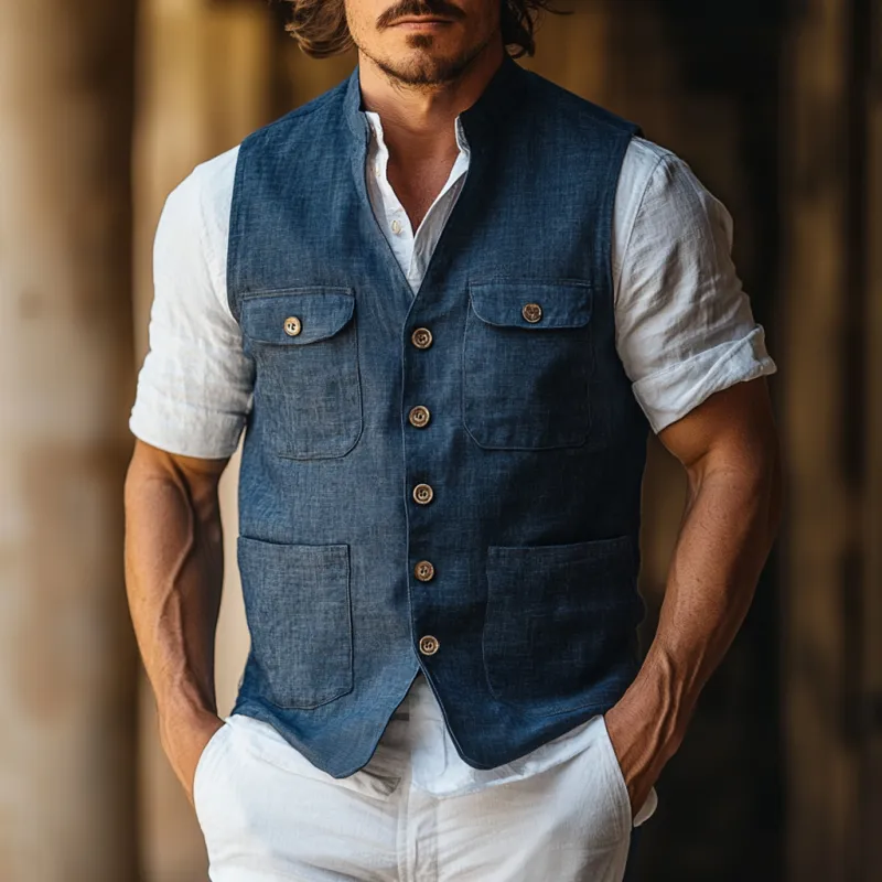 Men's Casual Linen Stand Collar Single-Breasted Multi-Pocket Work Vest MTA1805D7M sold by Manly product image thumbnail 2