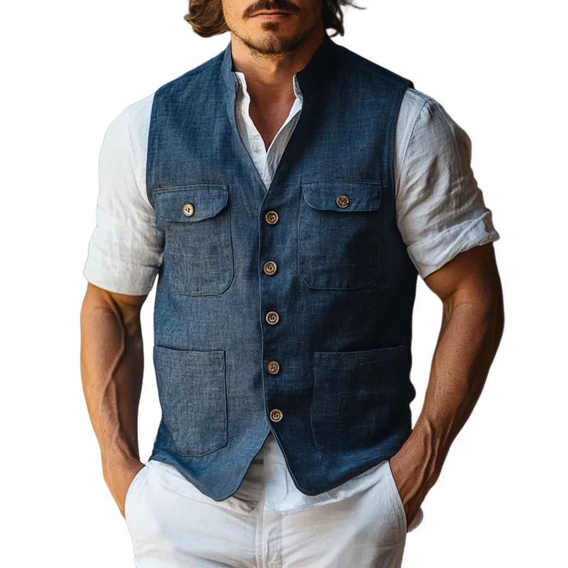 Men's Casual Linen Stand Collar Single-Breasted Multi-Pocket Work Vest MTA1805D7M sold by Manly