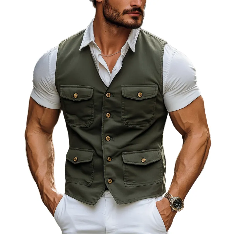 Men's Casual Cotton V-neck Single-breasted Multi-pocket Slim Fit Workwear Vest MTA1864D3M sold by Manly