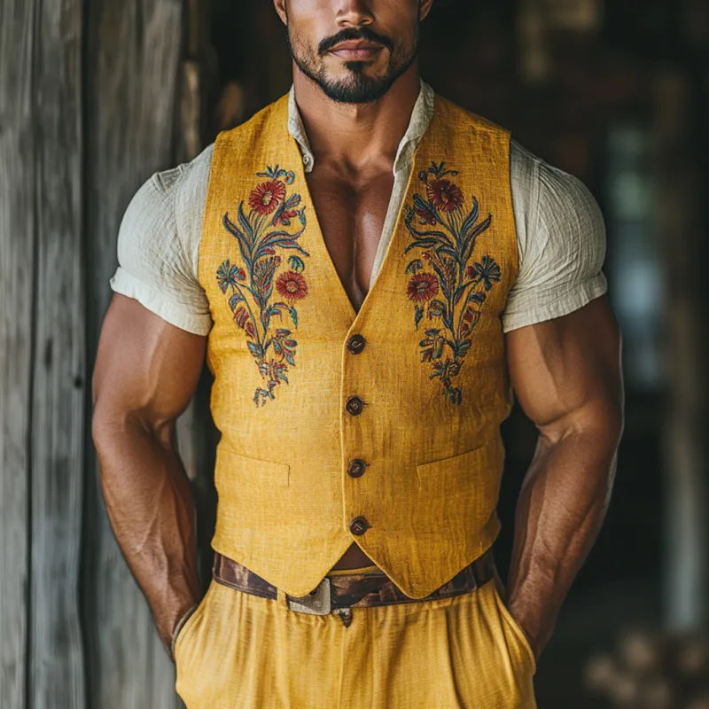 Men's Casual Flower Embroidered Linen V-Neck Single-Breasted Slim Suit Vest MTA1844D6M sold by Manly product image thumbnail 2