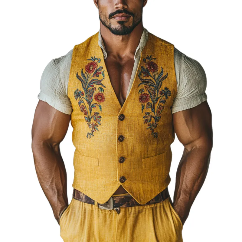 Men's Casual Flower Embroidered Linen V-Neck Single-Breasted Slim Suit Vest MTA1844D6M sold by Manly