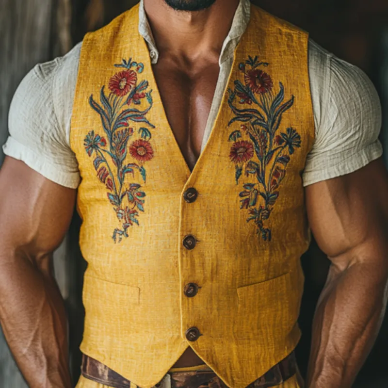 Men's Casual Flower Embroidered Linen V-Neck Single-Breasted Slim Suit Vest MTA1844D6M sold by Manly product image thumbnail 3
