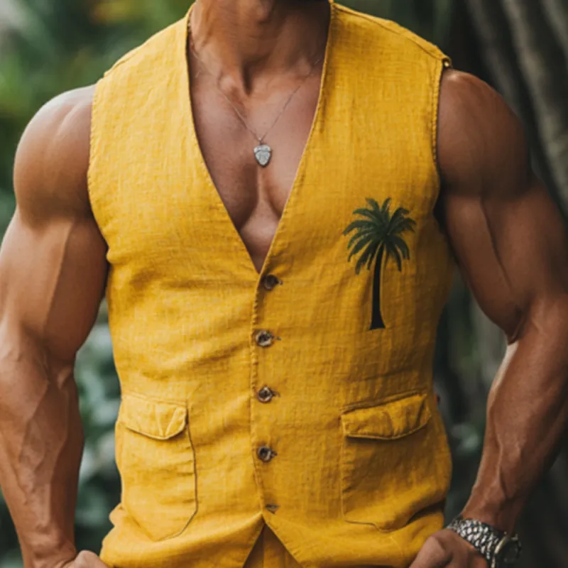 Men's Casual Palm Tree Embroidery Linen V-Neck Single Breasted Slim Fit Suit Vest MTA1855D8M sold by Manly product image thumbnail 3