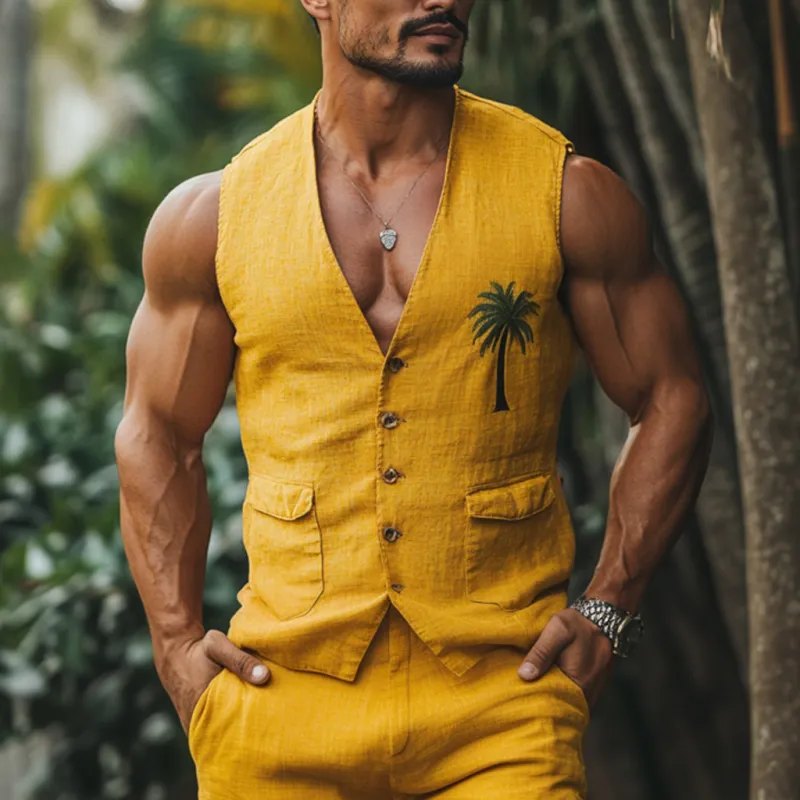 Men's Casual Palm Tree Embroidery Linen V-Neck Single Breasted Slim Fit Suit Vest MTA1855D8M sold by Manly product image thumbnail 2