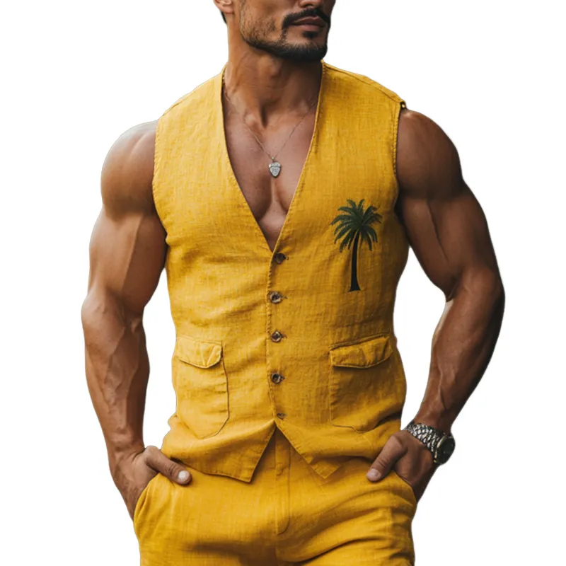 Men's Casual Palm Tree Embroidery Linen V-Neck Single Breasted Slim Fit Suit Vest MTA1855D8M made by Manly