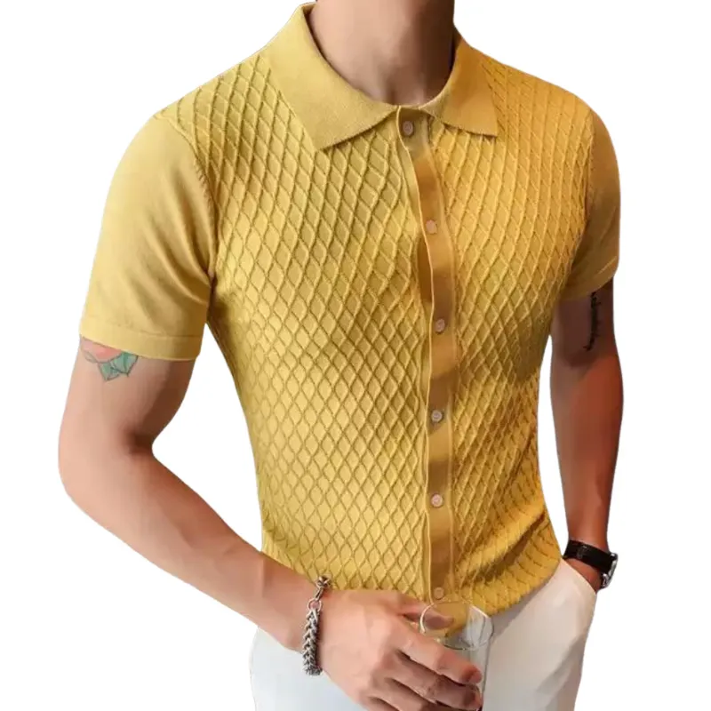 Men's Casual Collar Jacquard Lapel Single Breasted Slim Fit Short Sleeve Knitted Cardigan MTA1595D6M sold by Manly product image thumbnail 2