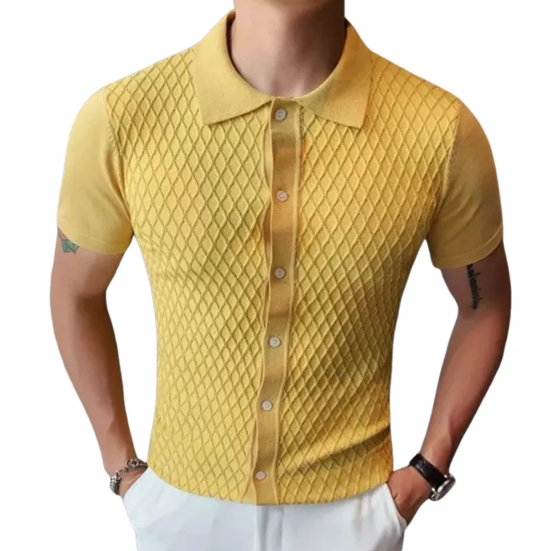 Men's Casual Collar Jacquard Lapel Single Breasted Slim Fit Short Sleeve Knitted Cardigan MTA1595D6M sold by Manly