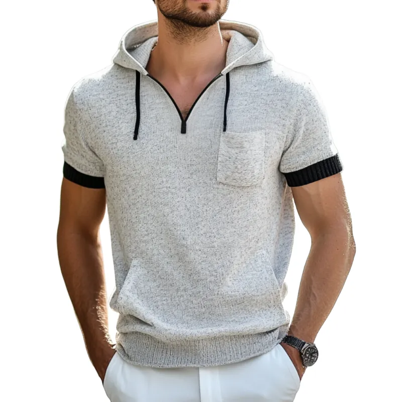 Men's Casual Contrast Color V-Neck Kangaroo Pocket Slim Fit Short Sleeve Hooded Knit Sweater T-Shirt MTA1779D6M sold by Manly