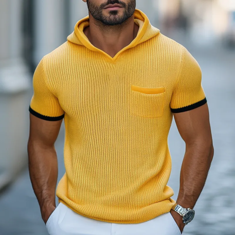 Men's Casual Contrast Color Soft Slim Fit Patch Pocket Knitted Short-Sleeve Hooded Sweater T-Shirt MTA1755D0M sold by Manly product image thumbnail 2
