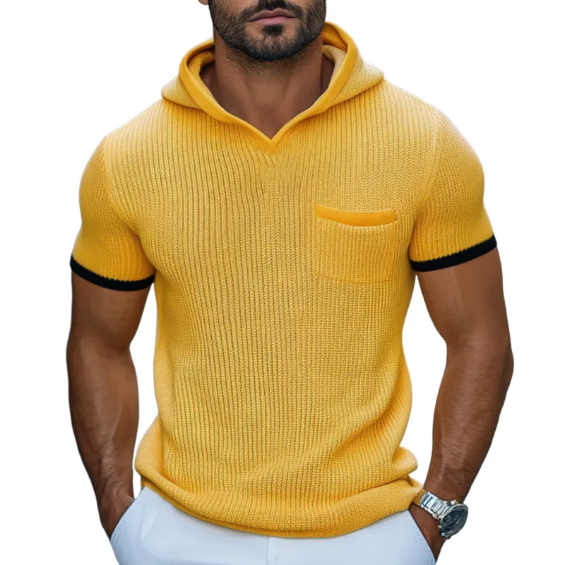 Men's Casual Contrast Color Soft Slim Fit Patch Pocket Knitted Short-Sleeve Hooded Sweater T-Shirt MTA1755D0M sold by Manly