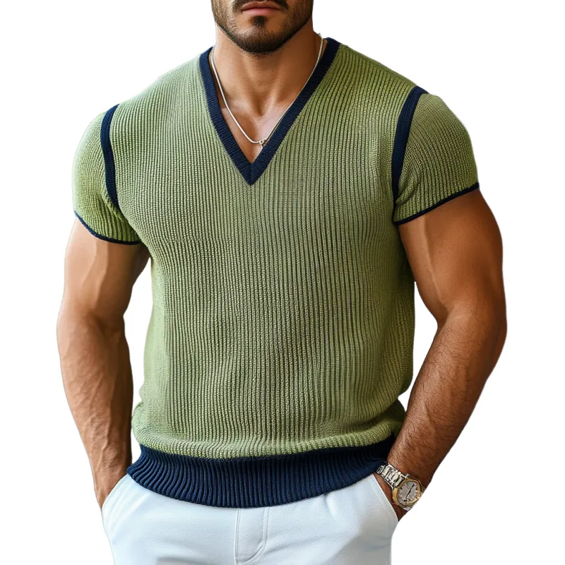 Men's Casual Contrast Color V-Neck Soft Slim Fit Knitted Short Sleeve Sweater T-Shirt MTA1750D4M sold by Manly