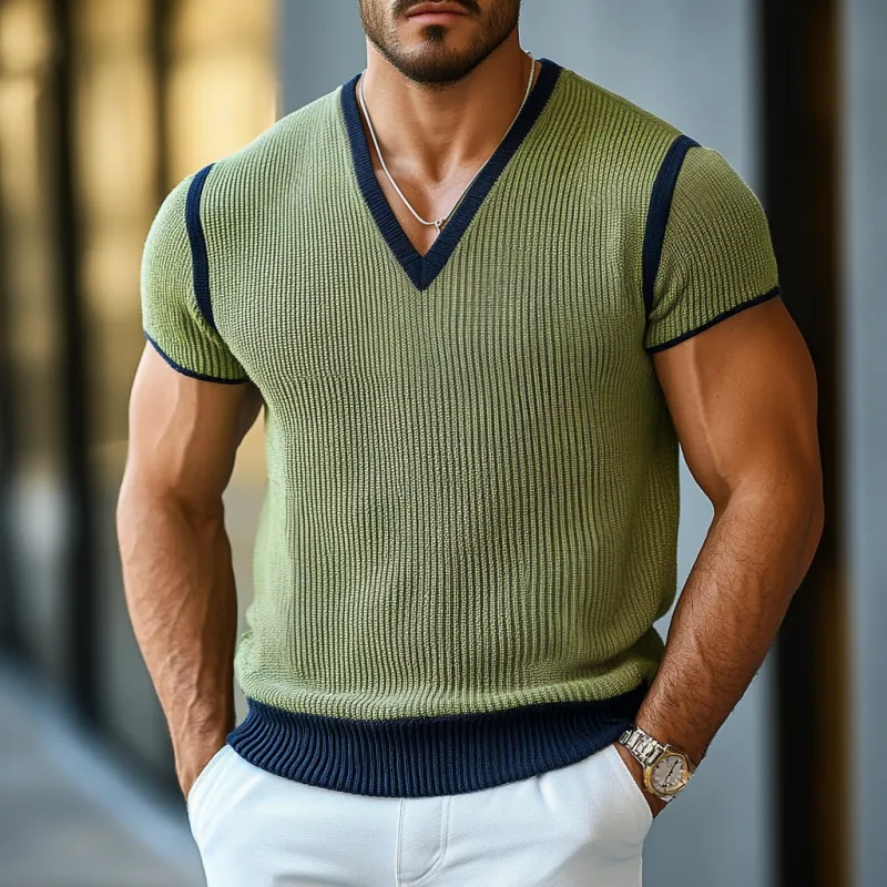 Men's Casual Contrast Color V-Neck Soft Slim Fit Knitted Short Sleeve Sweater T-Shirt MTA1750D4M sold by Manly product image thumbnail 2