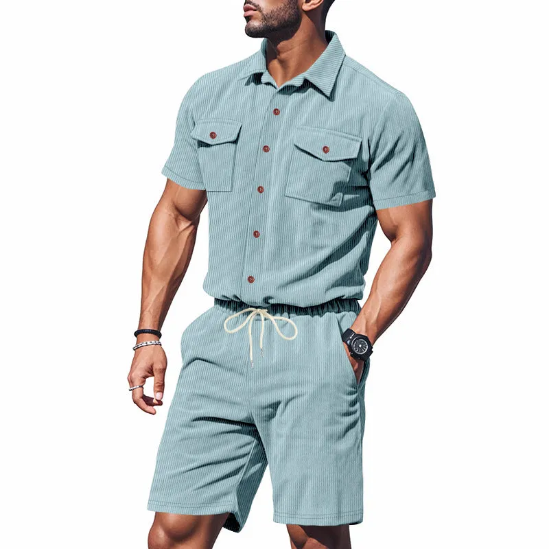 Men's Solid Color Corduroy Short Sleeve Shorts Two Piece Set MTA1778D4X sold by Manly