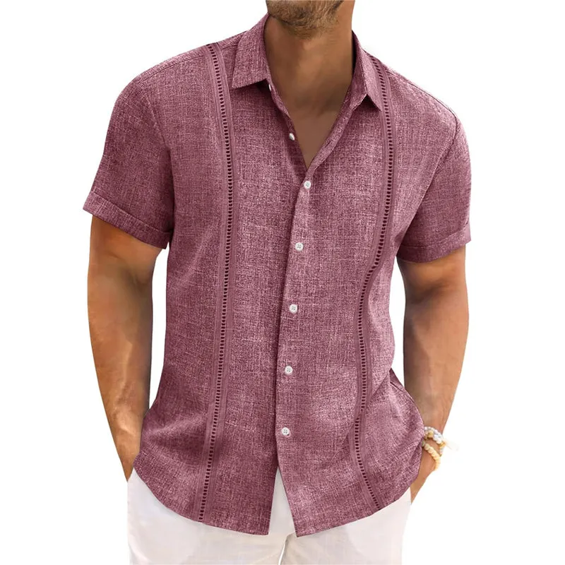 Men's Solid Color Cotton and Linen Lapel Short Sleeve Shirt MTA1735D3X sold by Manly