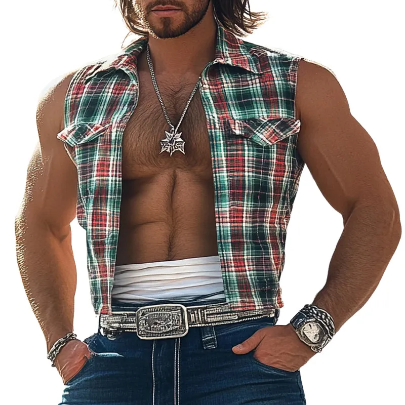 Men's Casual Plaid Single Breasted Lapel Tank Tops MTA1818D9X sold by Manly