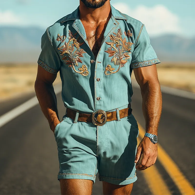 Men's Summer Fashion Casual Retro Western Style Tencel Denim Embroidery Jumpsuit (Without Belt) MTA1721D4K sold by Manly product image thumbnail 2