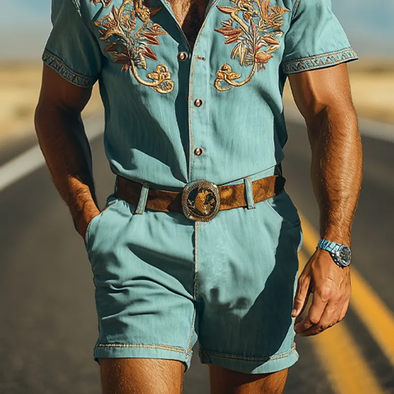 Men's Summer Fashion Casual Retro Western Style Tencel Denim Embroidery Jumpsuit (Without Belt) MTA1721D4K sold by Manly product image thumbnail 5