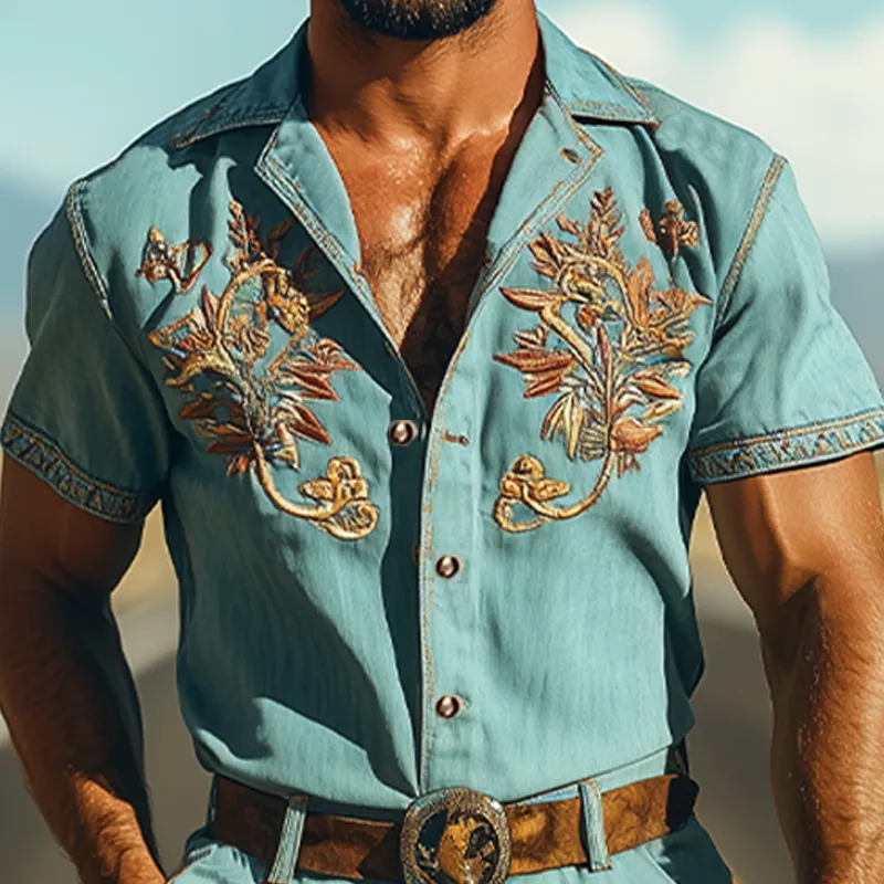 Men's Summer Fashion Casual Retro Western Style Tencel Denim Embroidery Jumpsuit (Without Belt) MTA1721D4K sold by Manly product image thumbnail 4