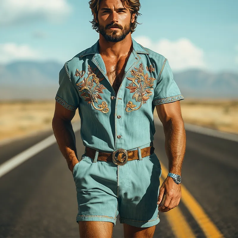 Men's Summer Fashion Casual Retro Western Style Tencel Denim Embroidery Jumpsuit (Without Belt) MTA1721D4K sold by Manly product image thumbnail 3