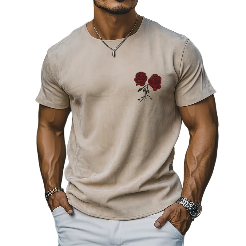 Men's Summer Fashion Casual Thin Suede Rose Embroidered Short Sleeve T-shirt MTA1886D4K sold by Manly