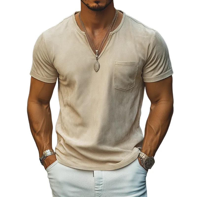 Men's Summer Fashion Casual Thin Suede V-neck Pocket Short Sleeve T-shirt MTA1849D3K sold by Manly
