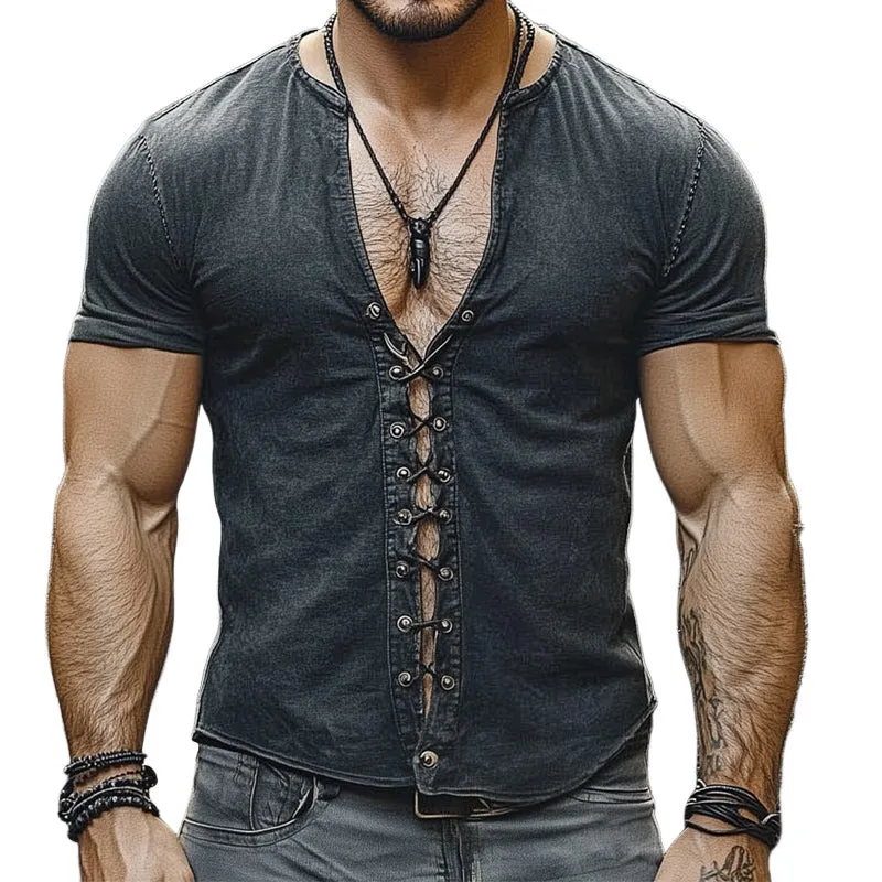 Men's Summer V-neck Lace-up Slim Short Sleeve T-shirt MTA1760D9U sold by Manly
