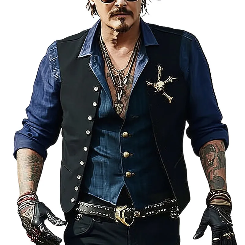 Men's Solid Black Multi-Button Skull Decorated Vest MTA1808D6U sold by Manly