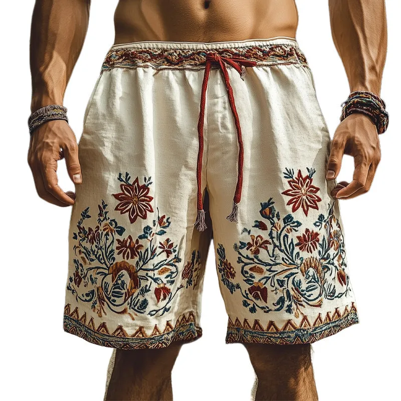 Men's Summer Retro Embroidery Loose Cotton and Linen Shorts MTA1521D9U sold by Manly