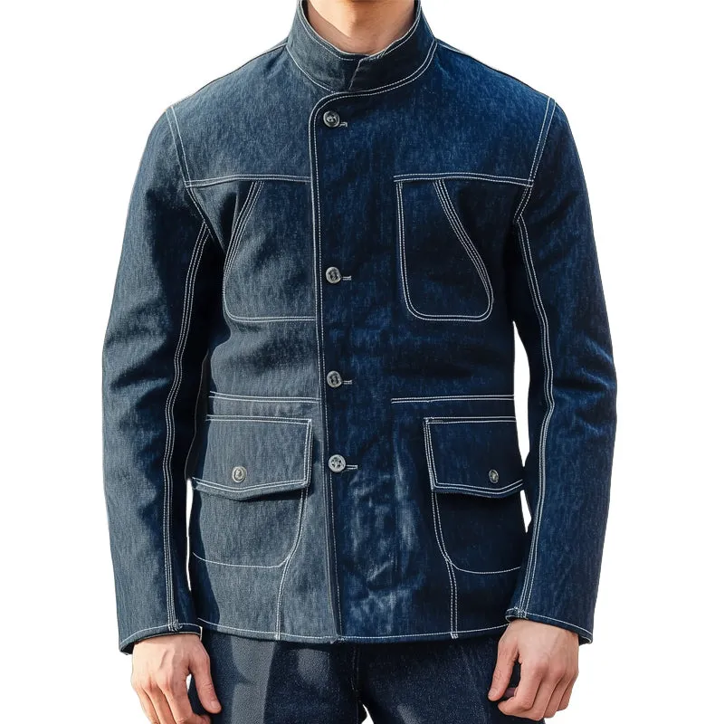 Men's Dark Blue Stand Collar Denim Jacket MTA1806D0U sold by Manly