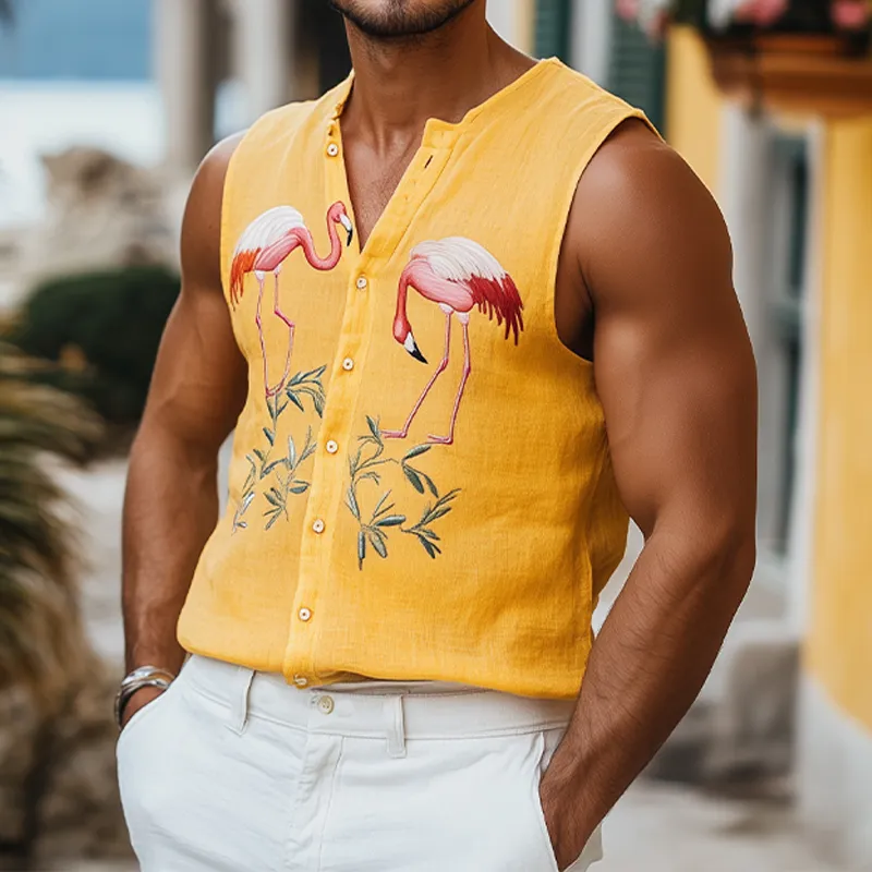 Men's Summer Fashion Casual Hawaiian Style Cotton and Linen Flamingo Embroidered Tank Top MTA1862D5K sold by Manly product image thumbnail 2