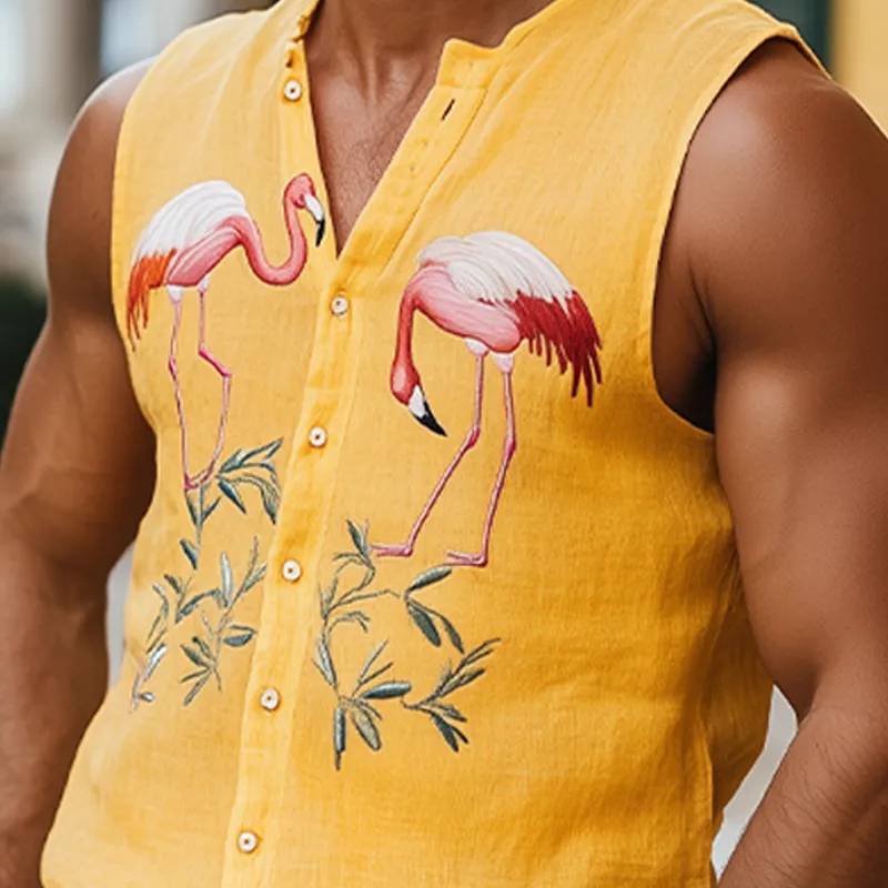 Men's Summer Fashion Casual Hawaiian Style Cotton and Linen Flamingo Embroidered Tank Top MTA1862D5K sold by Manly product image thumbnail 4