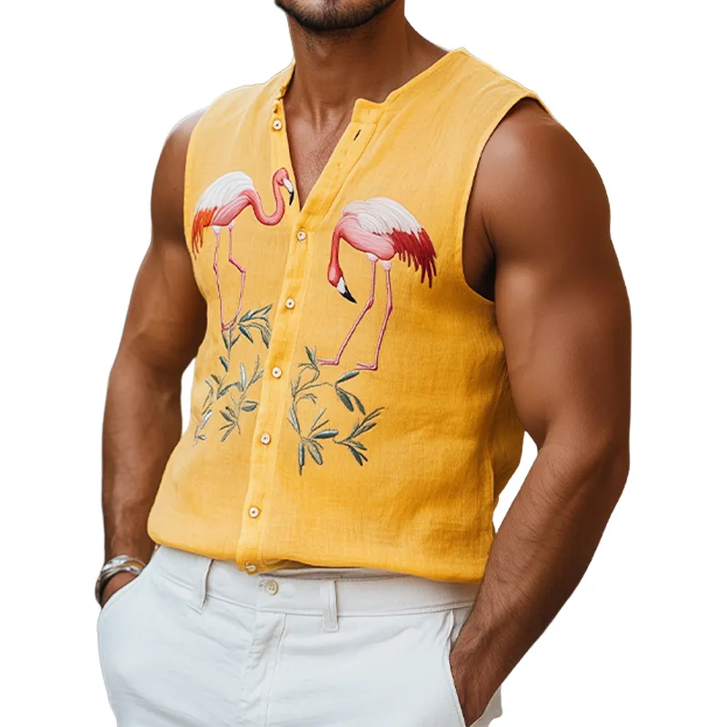 Men's Summer Fashion Casual Hawaiian Style Cotton and Linen Flamingo Embroidered Tank Top MTA1862D5K sold by Manly