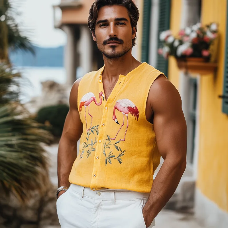 Men's Summer Fashion Casual Hawaiian Style Cotton and Linen Flamingo Embroidered Tank Top MTA1862D5K sold by Manly product image thumbnail 3