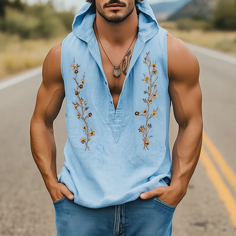 Men's Summer Fashion Casual Cotton and Linen Floral Embroidery Deep V-Neck Hooded Tank Top MTA1845D8K sold by Manly product image thumbnail 2