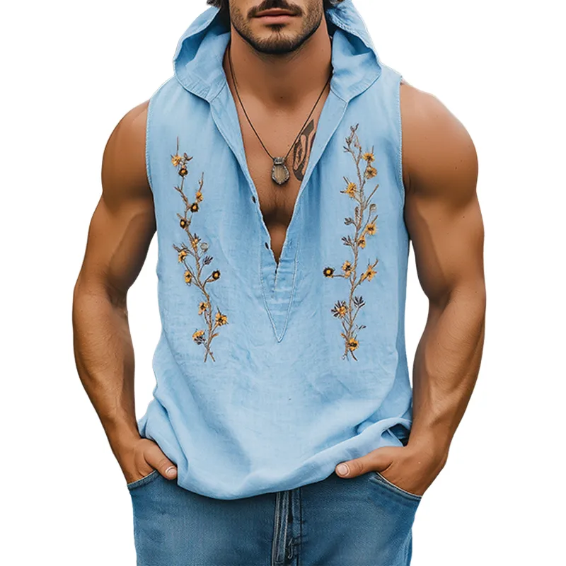 Men's Summer Fashion Casual Cotton and Linen Floral Embroidery Deep V-Neck Hooded Tank Top MTA1845D8K sold by Manly