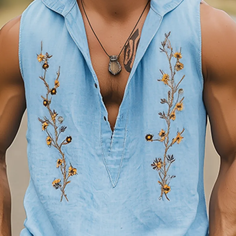 Men's Summer Fashion Casual Cotton and Linen Floral Embroidery Deep V-Neck Hooded Tank Top MTA1845D8K sold by Manly product image thumbnail 4