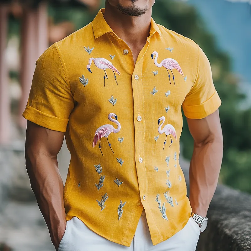Men's Summer Fashion Hawaiian Style Cotton and Linen Flamingo Embroidered Short Sleeve Shirt MTA1852D8K sold by Manly product image thumbnail 2