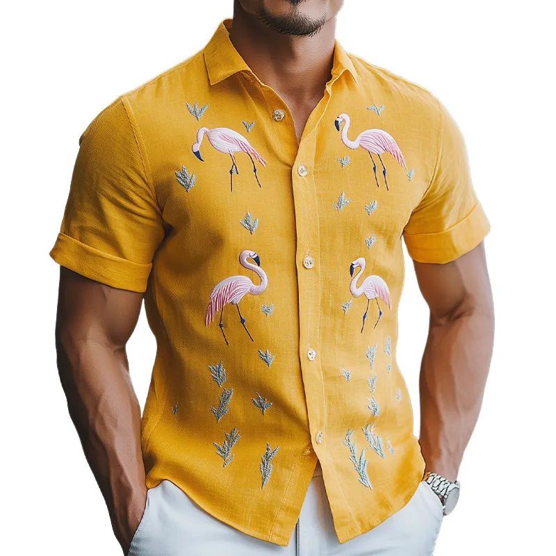 Men's Summer Fashion Hawaiian Style Cotton and Linen Flamingo Embroidered Short Sleeve Shirt MTA1852D8K sold by Manly