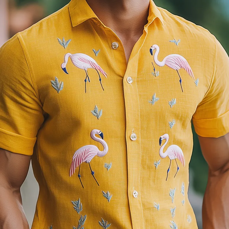 Men's Summer Fashion Hawaiian Style Cotton and Linen Flamingo Embroidered Short Sleeve Shirt MTA1852D8K sold by Manly product image thumbnail 3