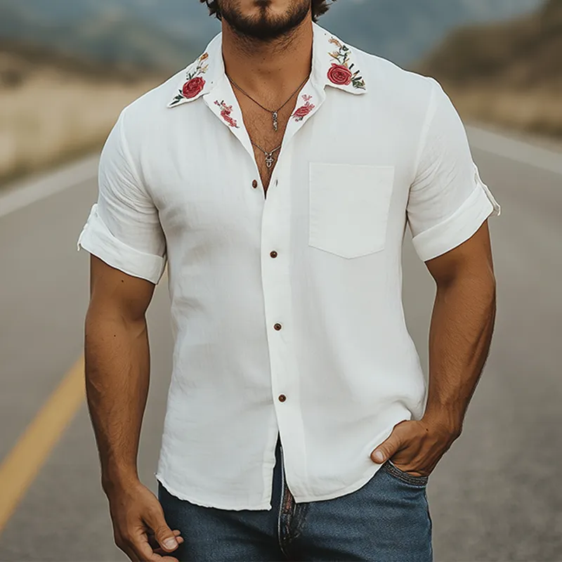 Men's Summer Fashion Casual Cotton and Linen Cuban Collar Rose Embroidered Short-sleeved Shirt MTA1829D4K sold by Manly product image thumbnail 2